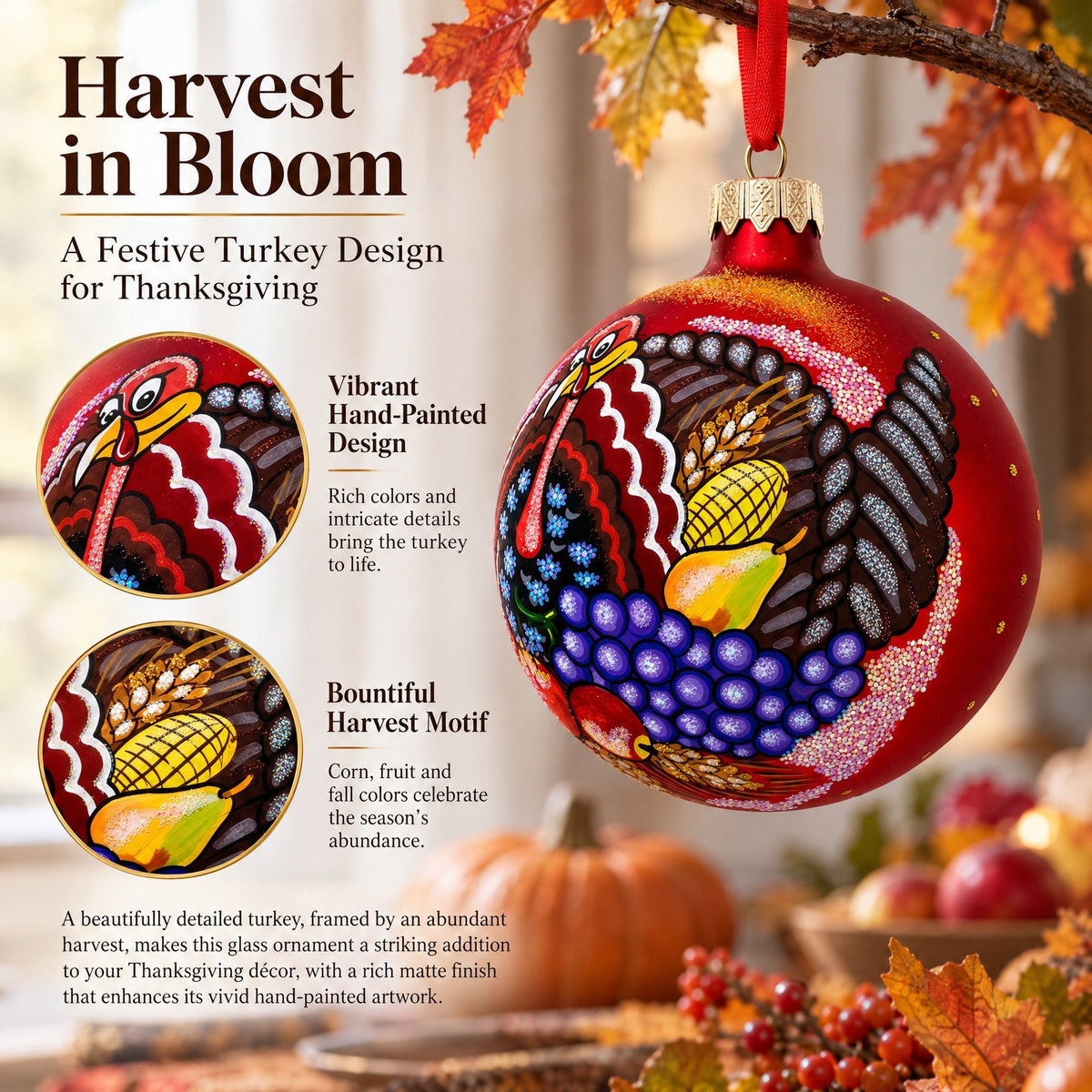 Turkey on the Field Thanksgiving Glass Ball Christmas Ornaments 4 Inches - Che Cose Belle