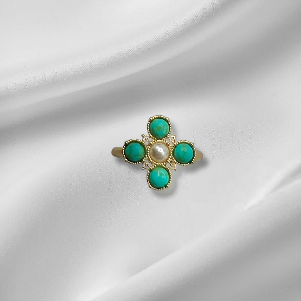 Turquoise Pearl Glory Cross Ring - Che Cose Belle
