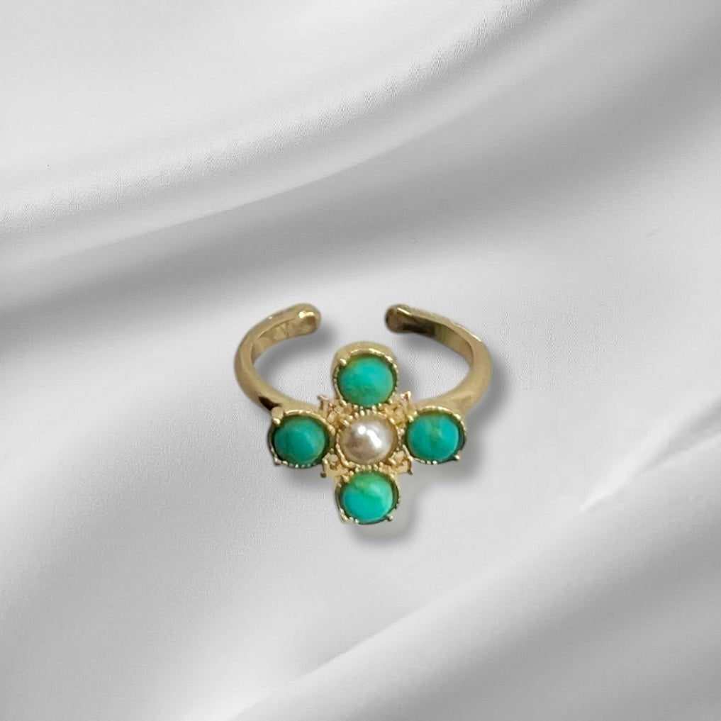 Turquoise Pearl Glory Cross Ring - Che Cose Belle