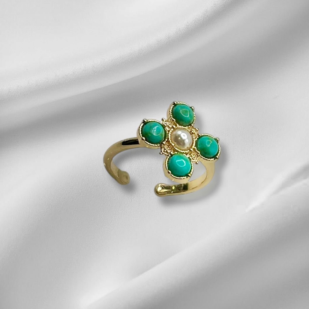Turquoise Pearl Glory Cross Ring - Che Cose Belle