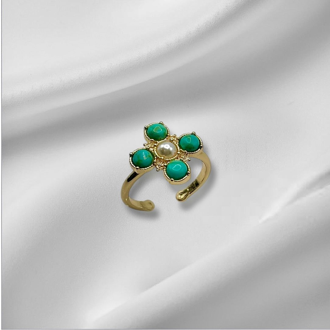 Turquoise Pearl Glory Cross Ring - Che Cose Belle