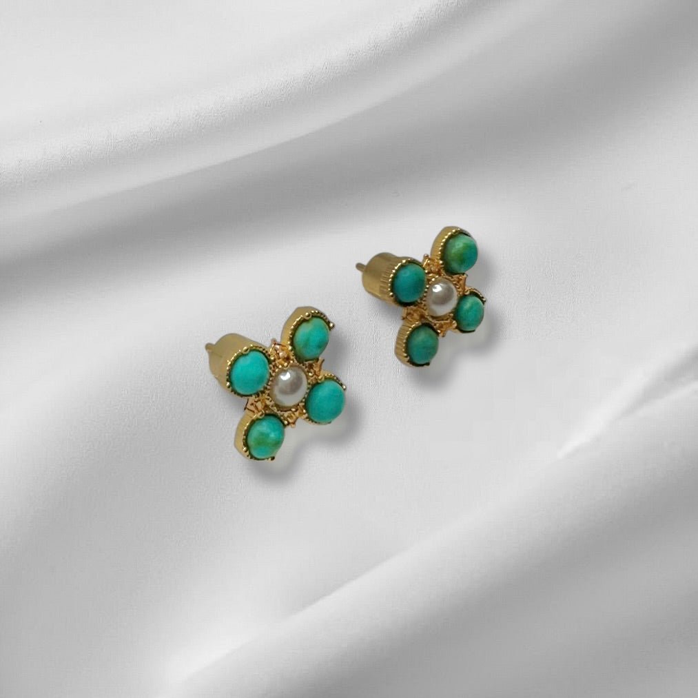 Turquoise Pearl Glory Cross Stud Earrings - Che Cose Belle