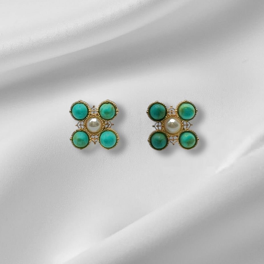 Turquoise Pearl Glory Cross Stud Earrings - Che Cose Belle