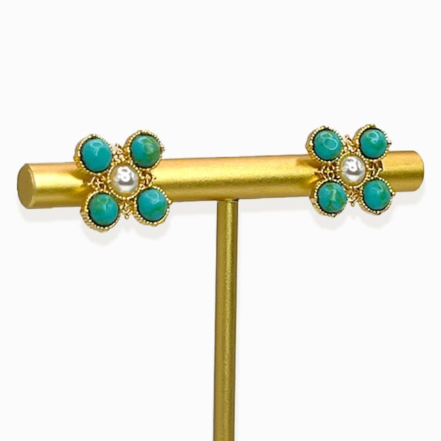 Turquoise Pearl Glory Cross Stud Earrings - Che Cose Belle