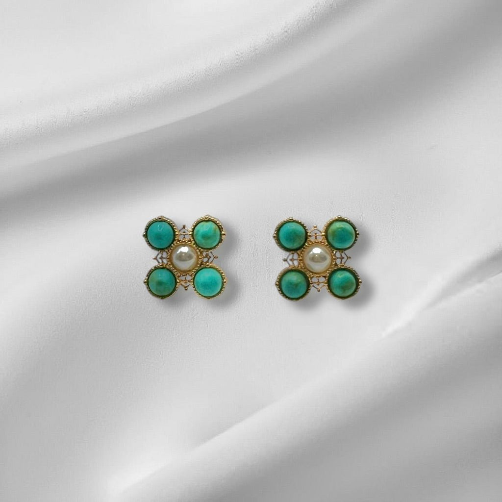 Turquoise Pearl Glory Cross Stud Earrings - Che Cose Belle
