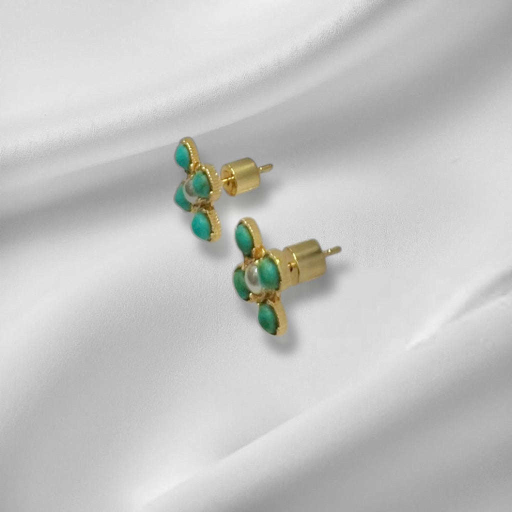Turquoise Pearl Glory Cross Stud Earrings - Che Cose Belle