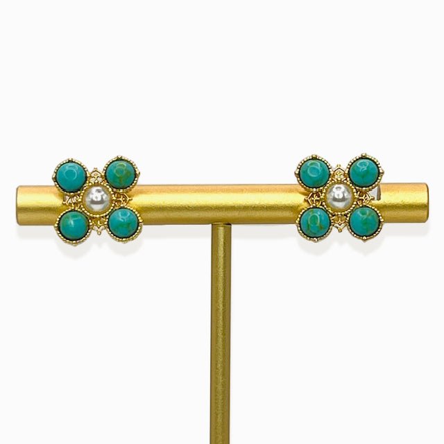 Turquoise Pearl Glory Cross Stud Earrings - Che Cose Belle