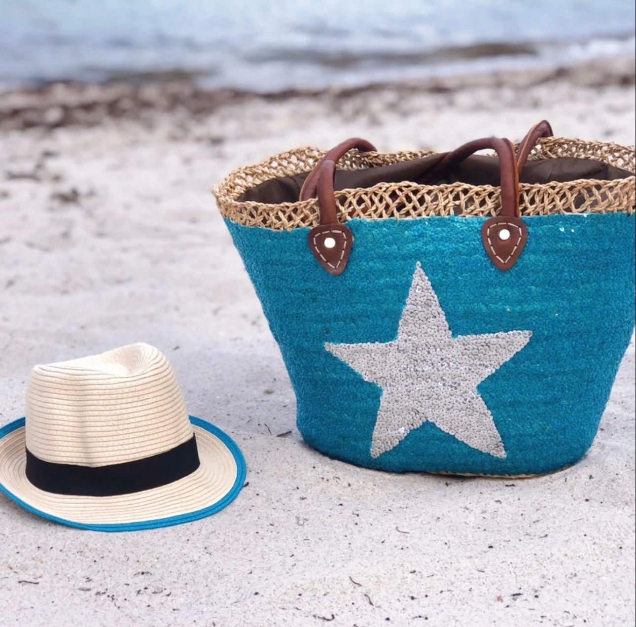 Turquoise Star Sequin Moroccan Beach Tote Bag - Che Cose Belle