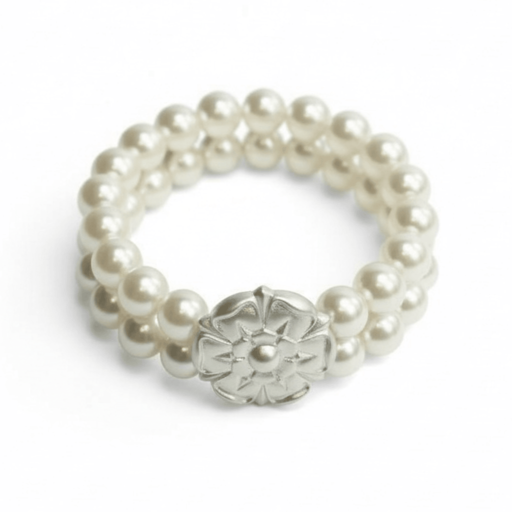 Two Strand Pearl and Matte Silver Flower Stretch Bracelet - Che Cose Belle