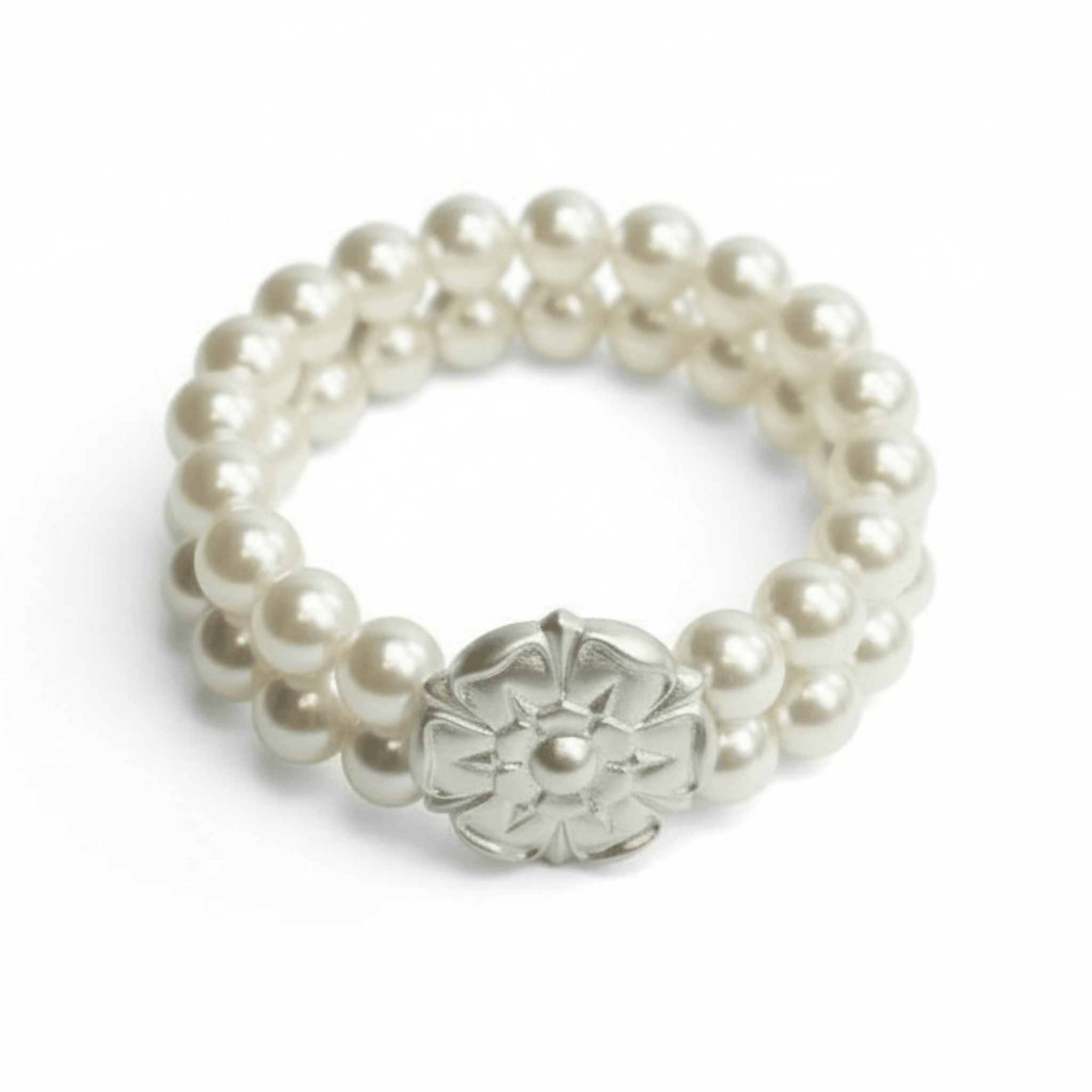 Two Strand Pearl and Matte Silver Flower Stretch Bracelet - Che Cose Belle