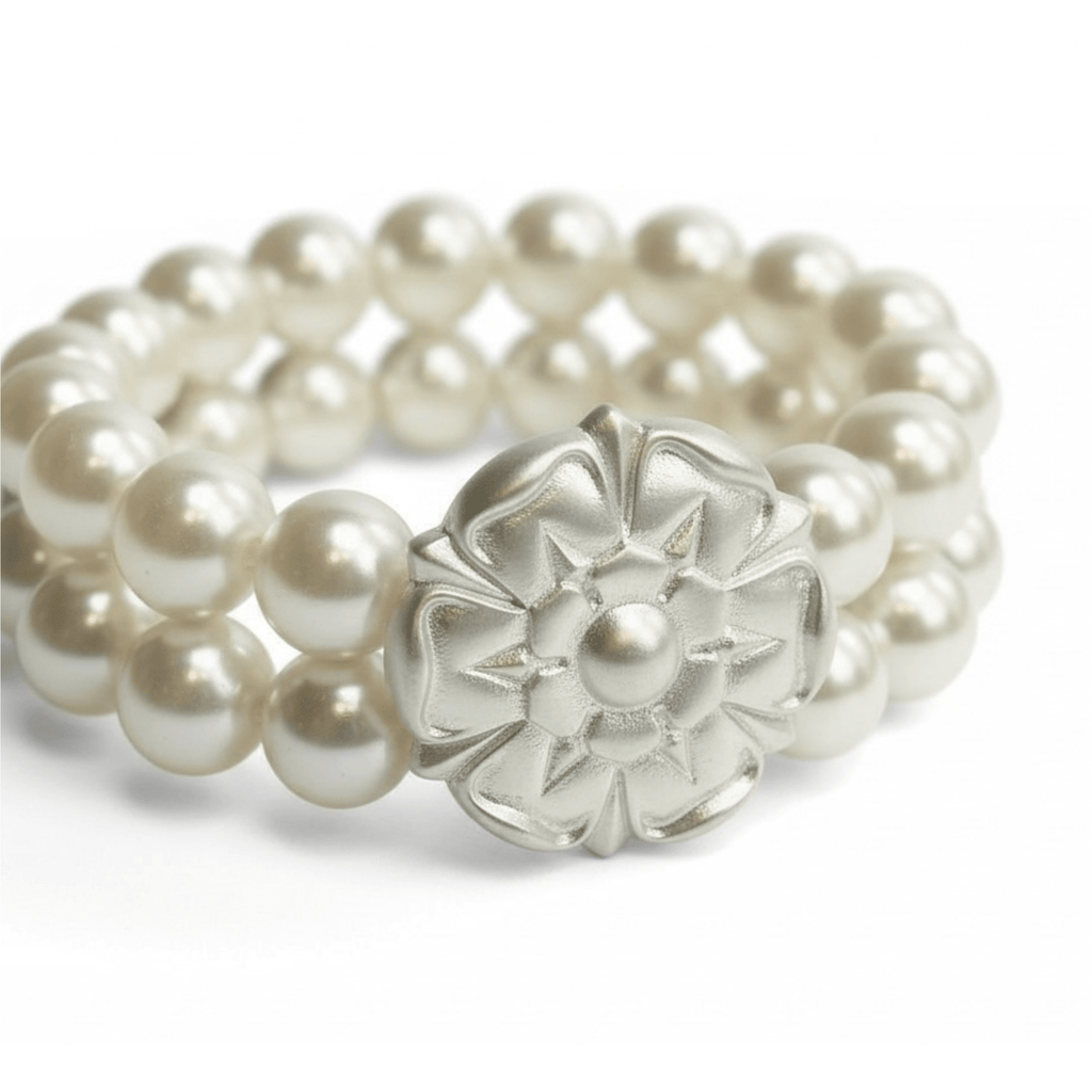 Two Strand Pearl and Matte Silver Flower Stretch Bracelet - Che Cose Belle