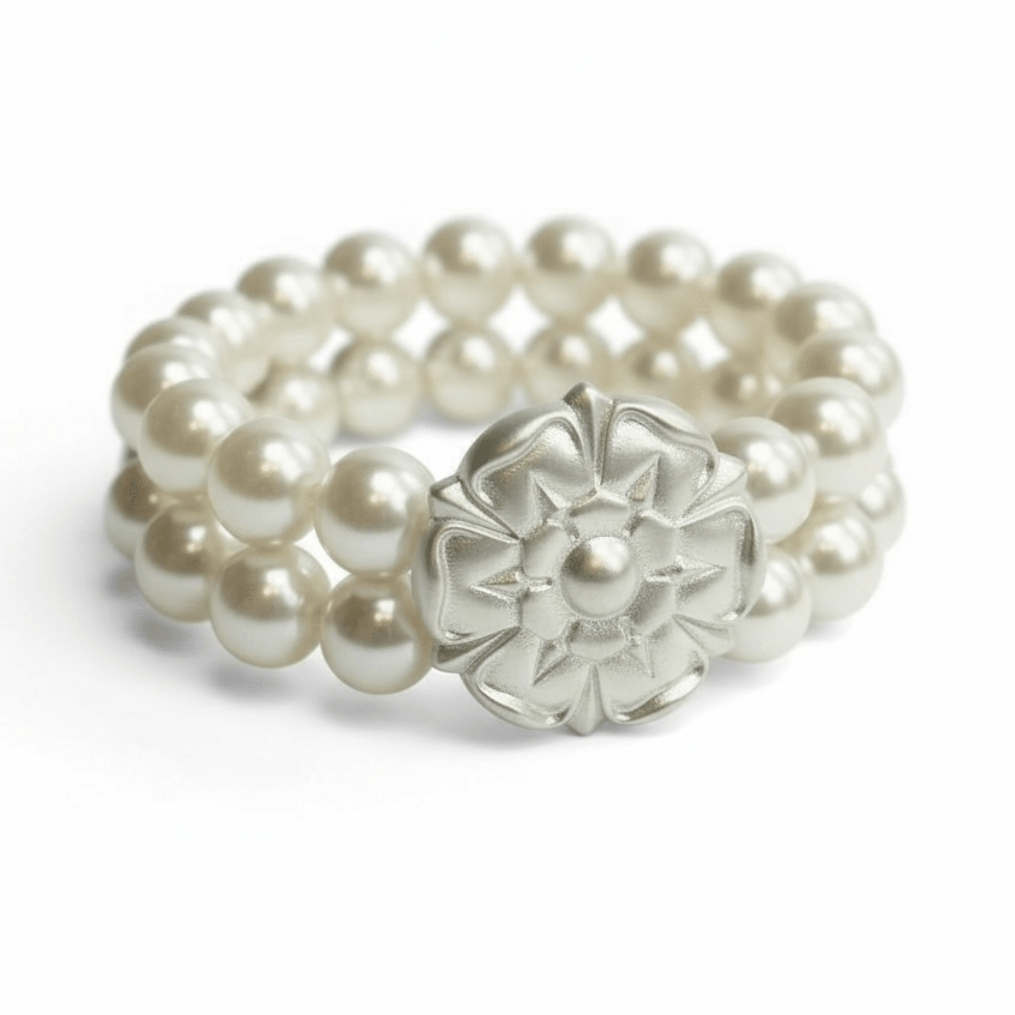 Two Strand Pearl and Matte Silver Flower Stretch Bracelet - Che Cose Belle