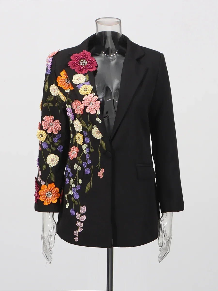 TWOTWINSTYLE Hit Color Spliced Appliques Fashion Blazers for Women Lapel Long Sleeves Patchwork Bead Temperament Blazer Female - Che Cose Belle