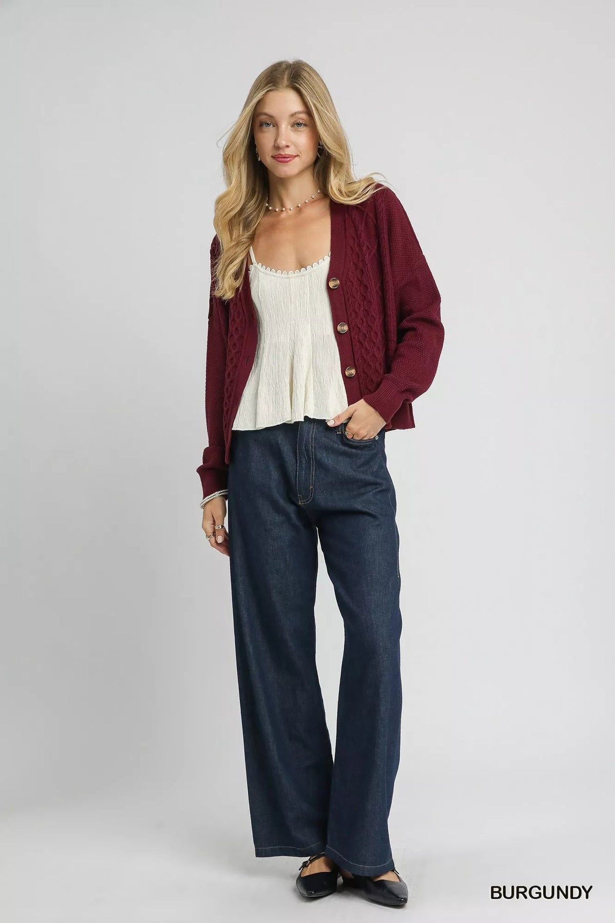 Umgee Chunky Cable Knit V-Neck Button-Up Cardigan - Che Cose Belle