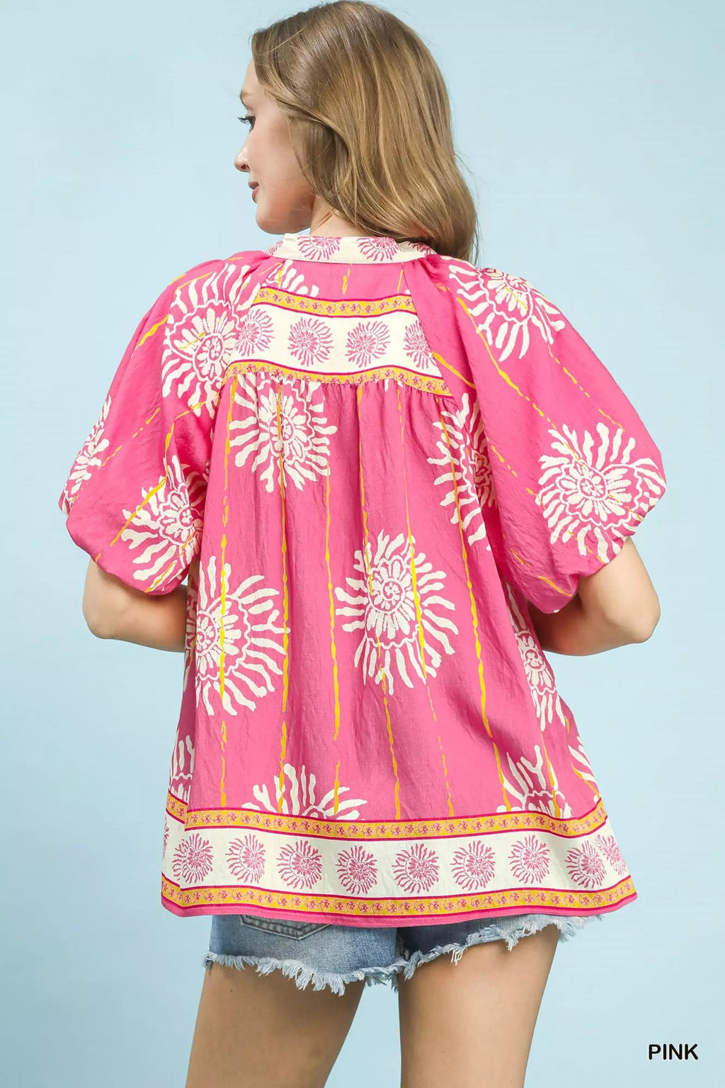 Umgee Floral Border Smocked V-Neck Boho Blouse - Che Cose Belle