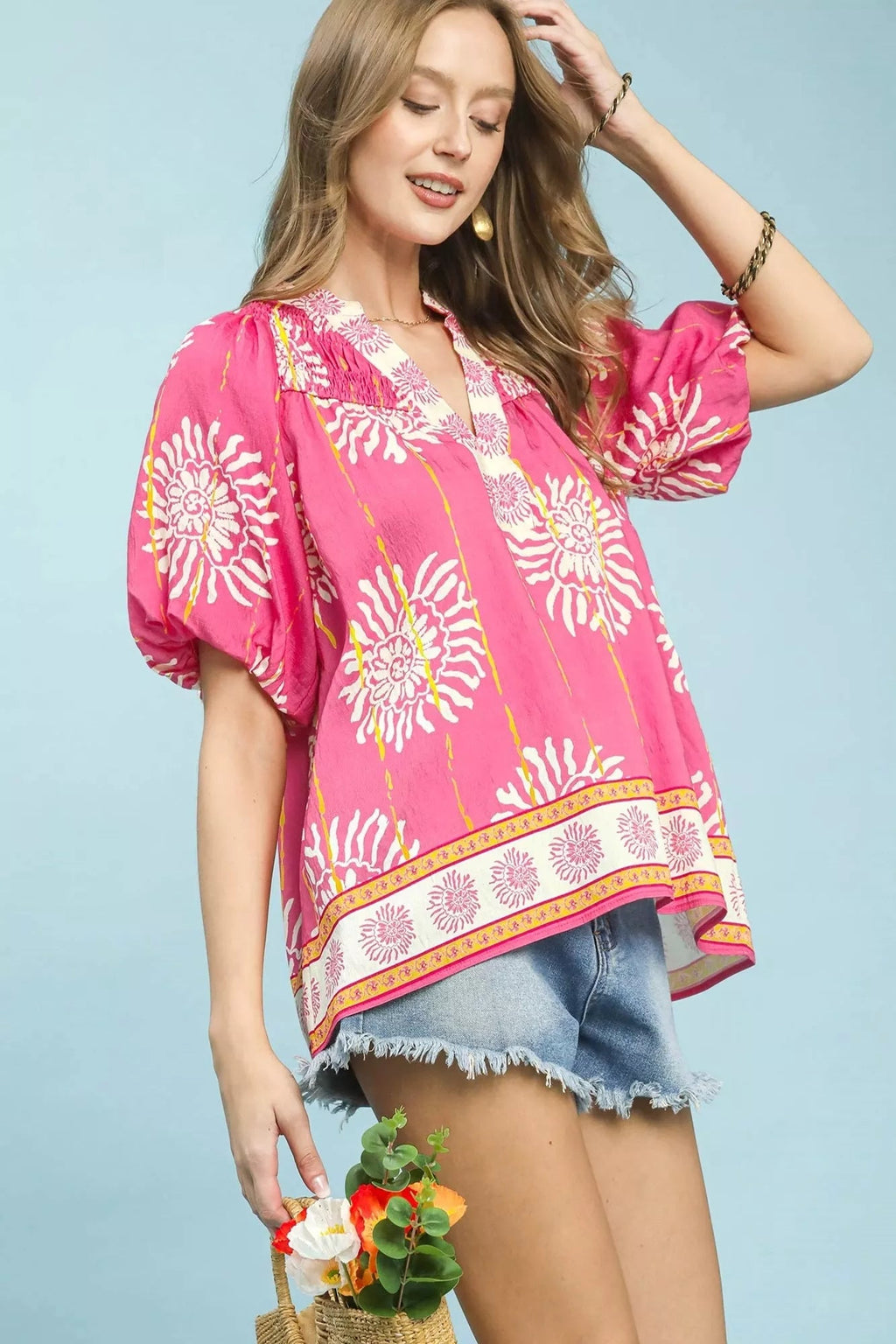 Umgee Floral Border Smocked V-Neck Boho Blouse - Che Cose Belle