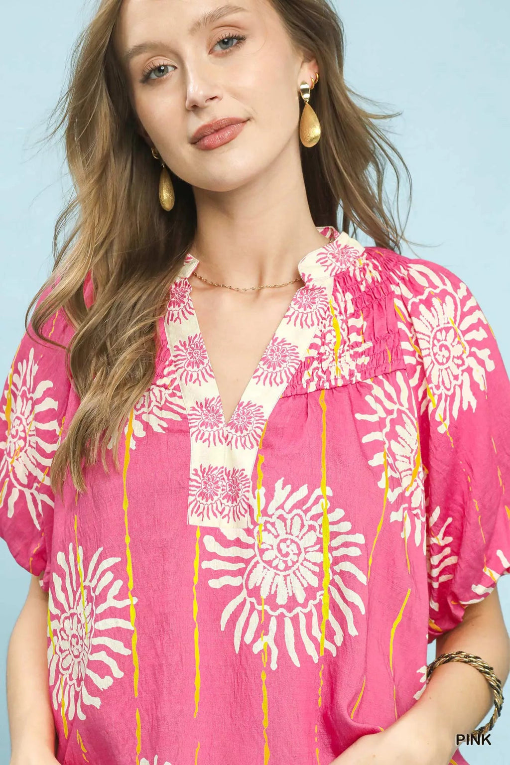 Umgee Floral Border Smocked V-Neck Boho Blouse - Che Cose Belle
