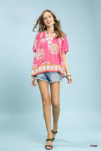 Umgee Floral Border Smocked V-Neck Boho Blouse - Che Cose Belle