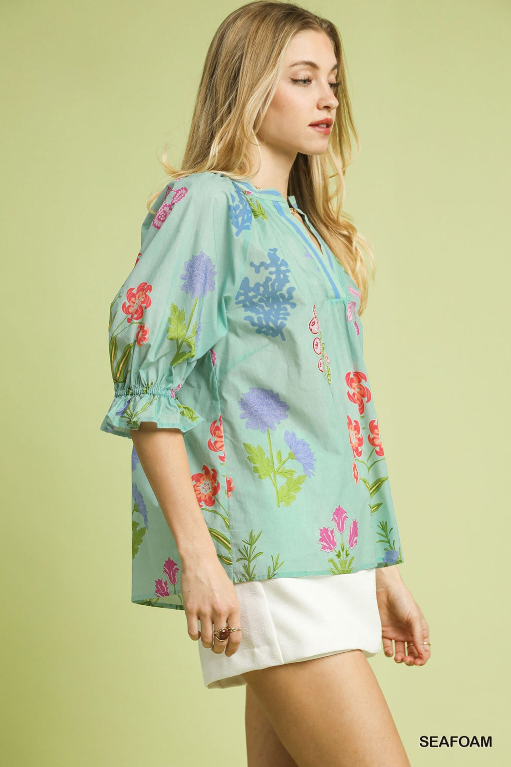 Umgee Floral Split Neck Puff Sleeve Top - Che Cose Belle