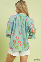 Umgee Floral Split Neck Puff Sleeve Top - Che Cose Belle