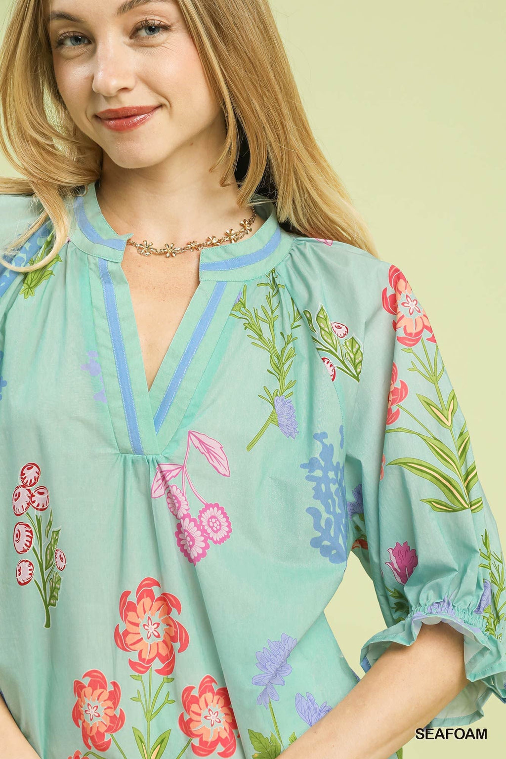 Umgee Floral Split Neck Puff Sleeve Top - Che Cose Belle