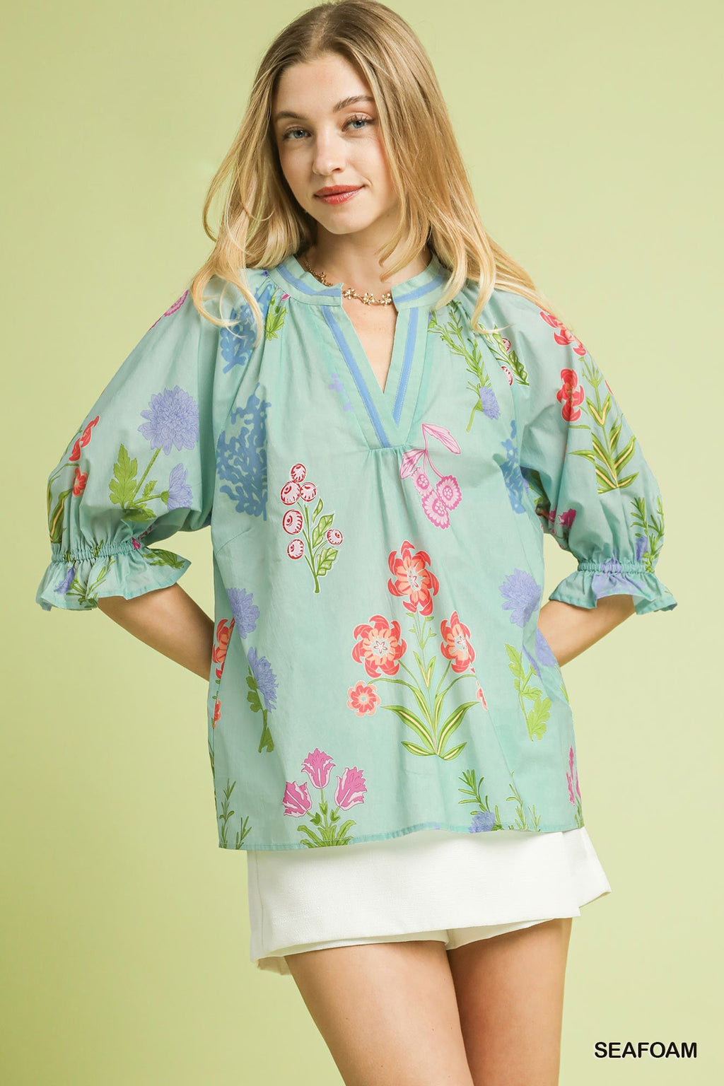 Umgee Floral Split Neck Puff Sleeve Top - Che Cose Belle