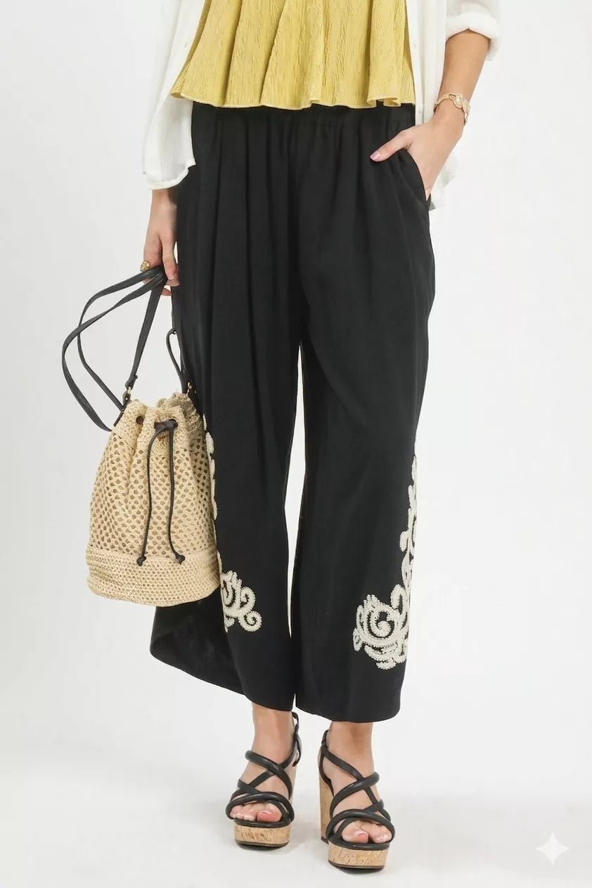 Umgee Linen Embroidered Wide - Leg Boho Pants - Che Cose Belle