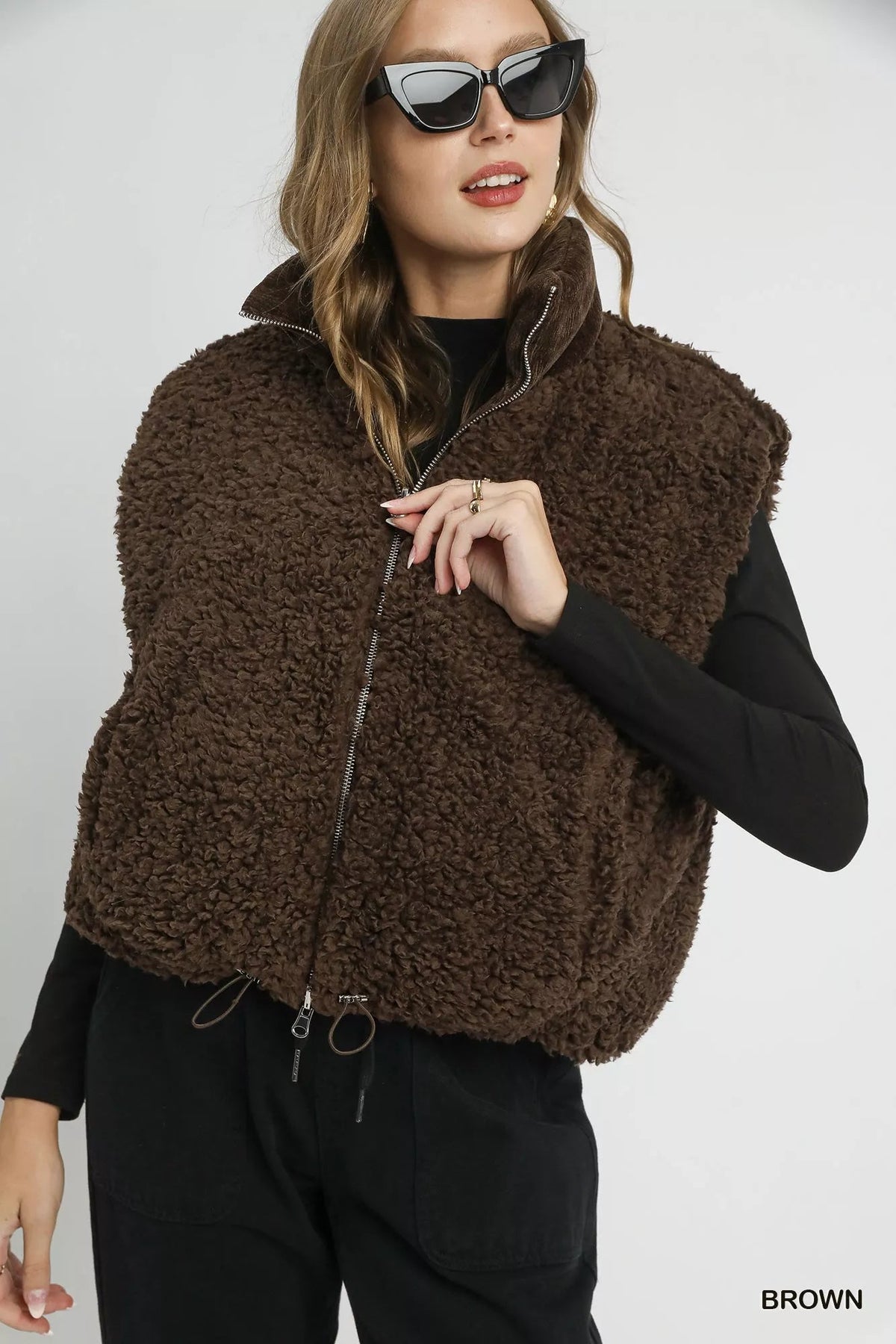 Umgee Sherpa-Lined Zip Vest with Drawstring Hem - Che Cose Belle
