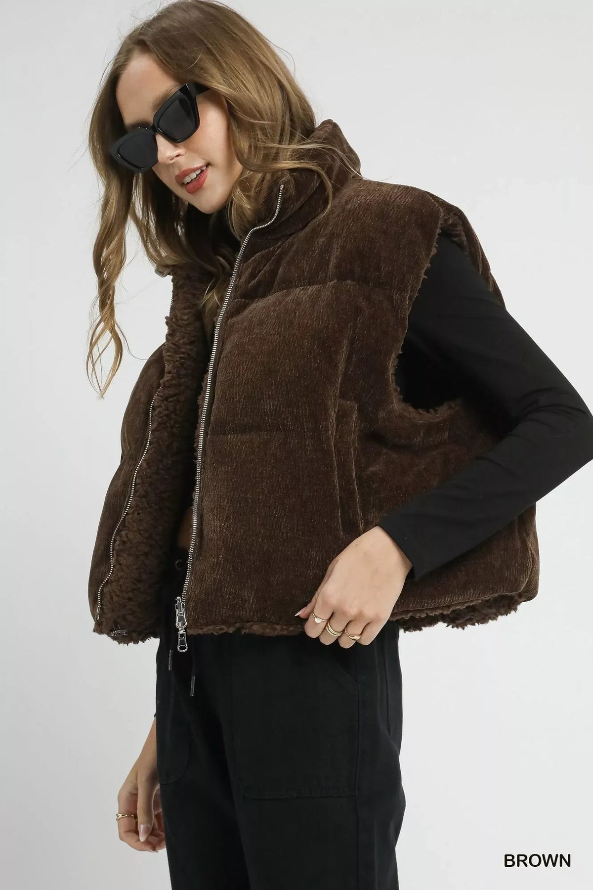 Umgee Sherpa-Lined Zip Vest with Drawstring Hem - Che Cose Belle