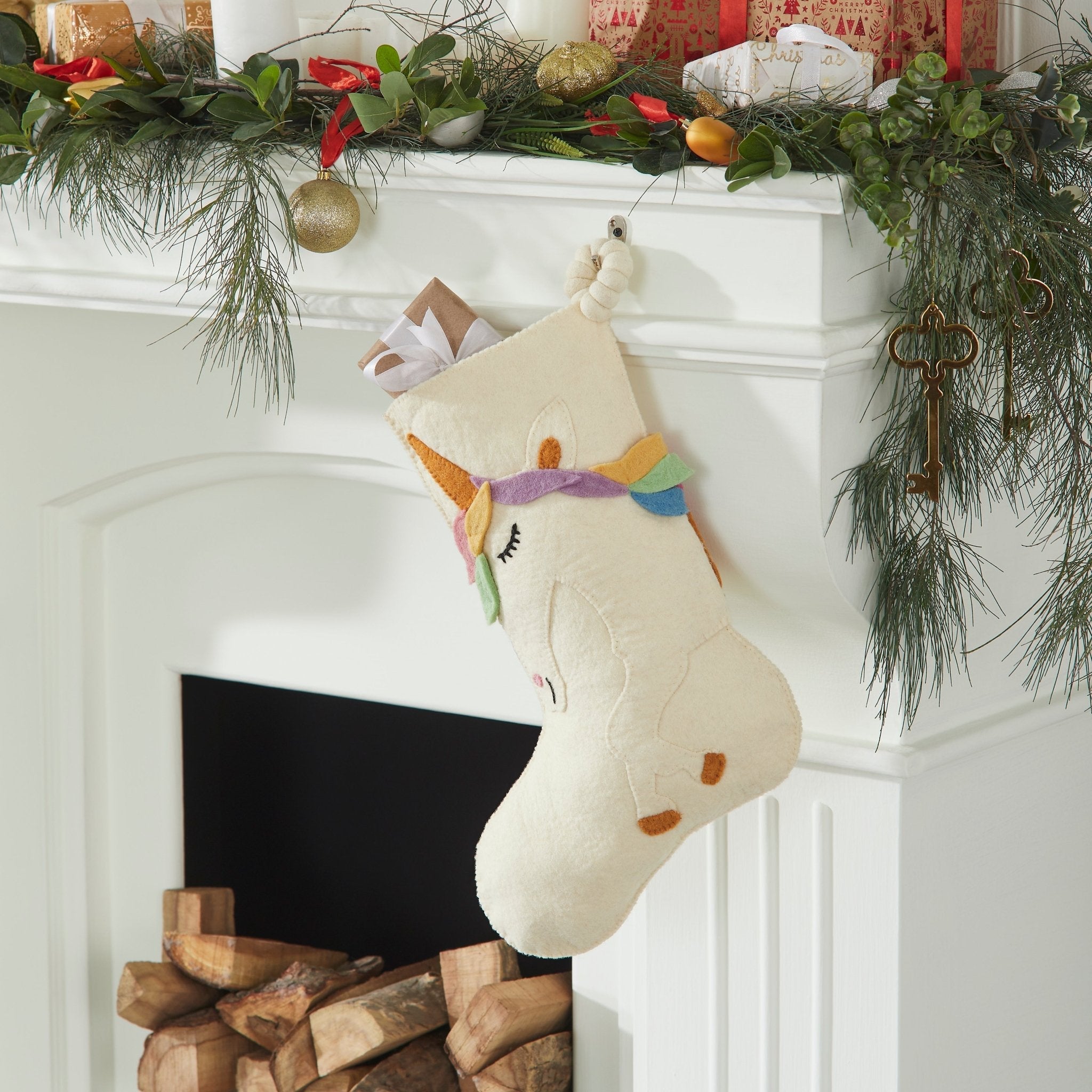 Unicorn Christmas Stocking Hand Felted Wool, Handmade Arcadia Home