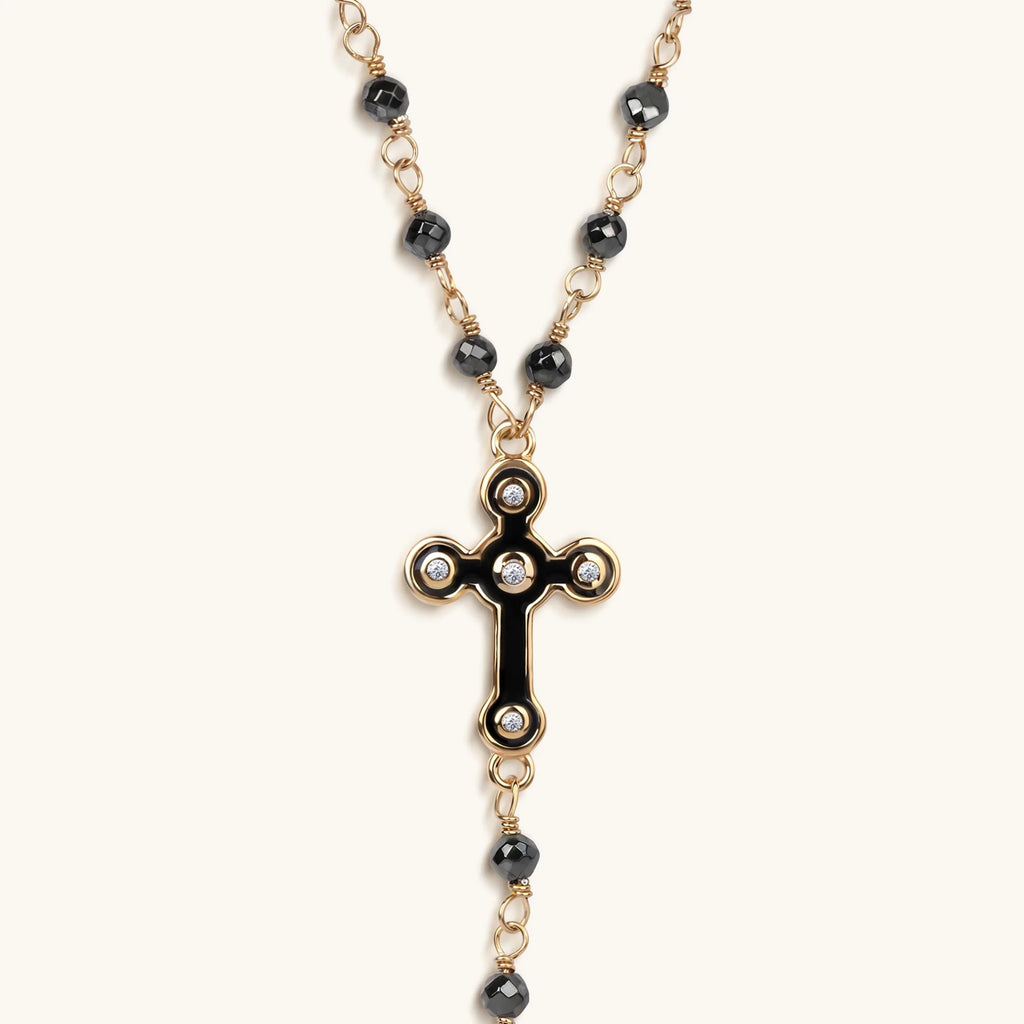 Unwavering Faith Cross - Hematite Rosary Necklace - Che Cose Belle