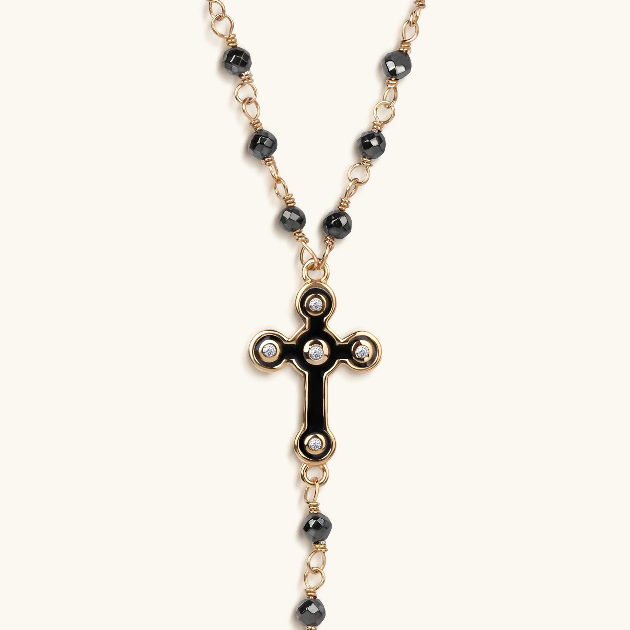 Unwavering Faith Cross - Hematite Rosary Necklace - Che Cose Belle