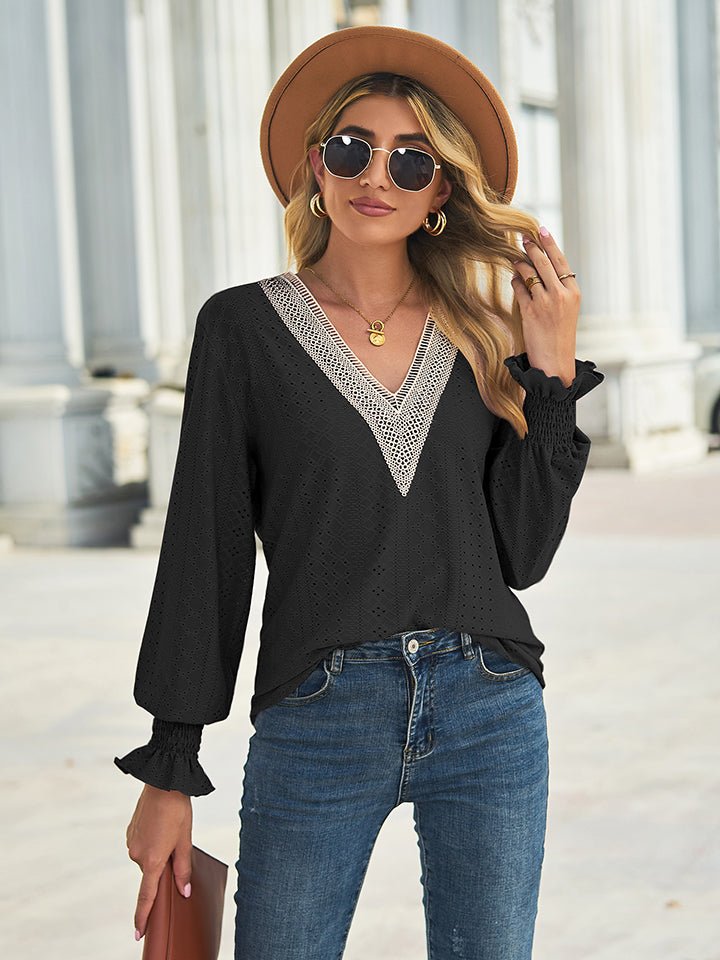 V - Neck Eyelet Flounce Sleeve Blouse - Che Cose Belle