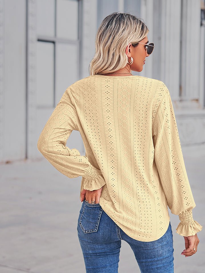 V - Neck Eyelet Flounce Sleeve Blouse - Che Cose Belle