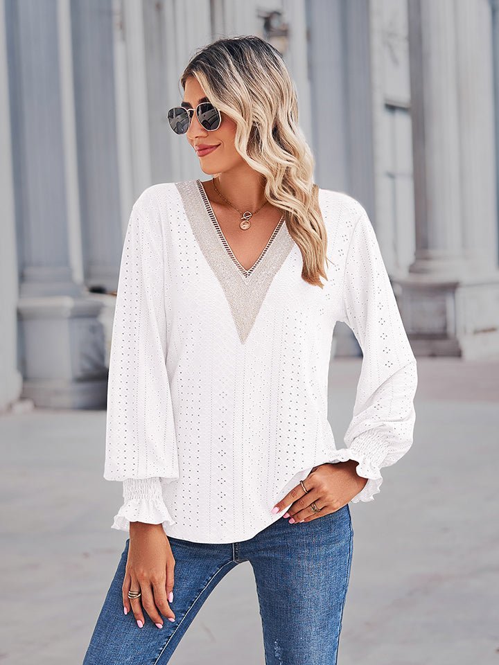 V - Neck Eyelet Flounce Sleeve Blouse - Che Cose Belle