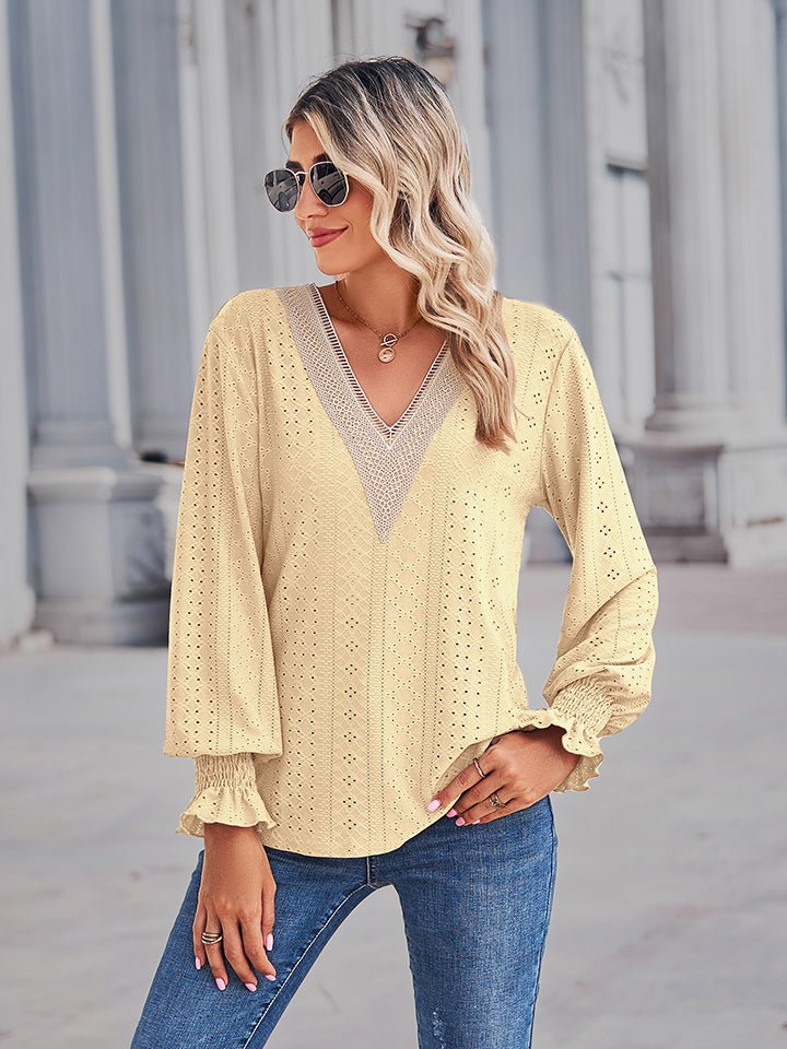 V - Neck Eyelet Flounce Sleeve Blouse - Che Cose Belle