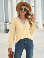 V - Neck Eyelet Flounce Sleeve Blouse - Che Cose Belle