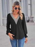 V - Neck Eyelet Flounce Sleeve Blouse - Che Cose Belle