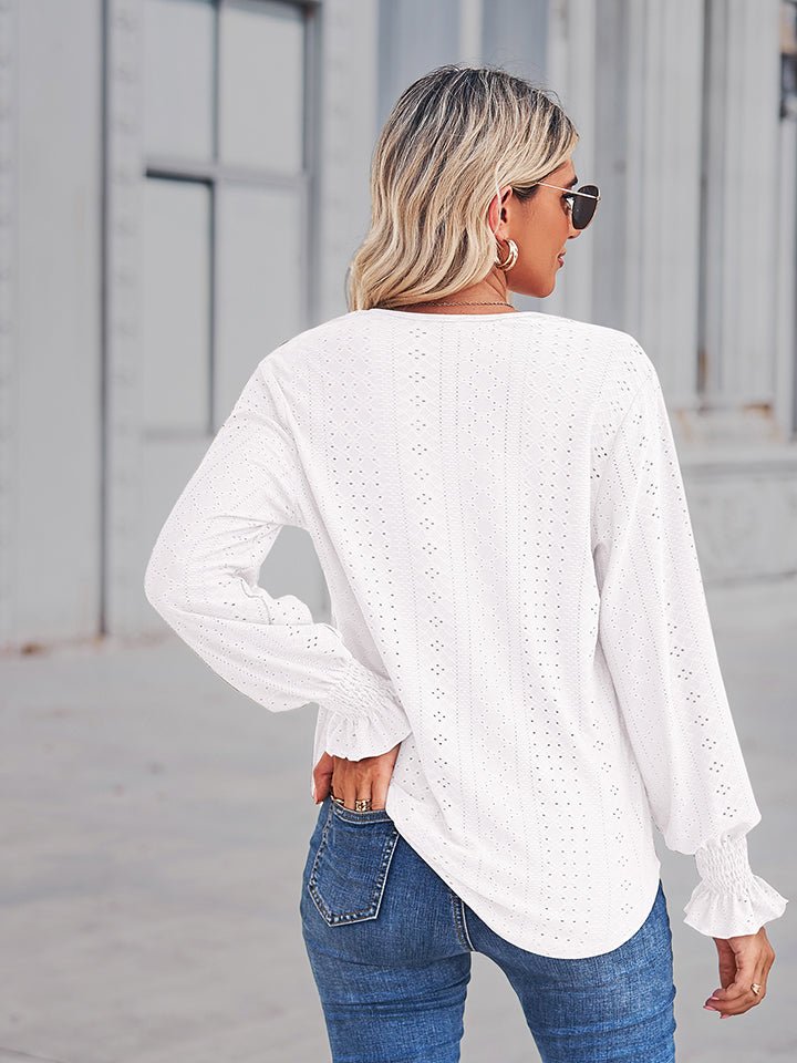 V - Neck Eyelet Flounce Sleeve Blouse - Che Cose Belle