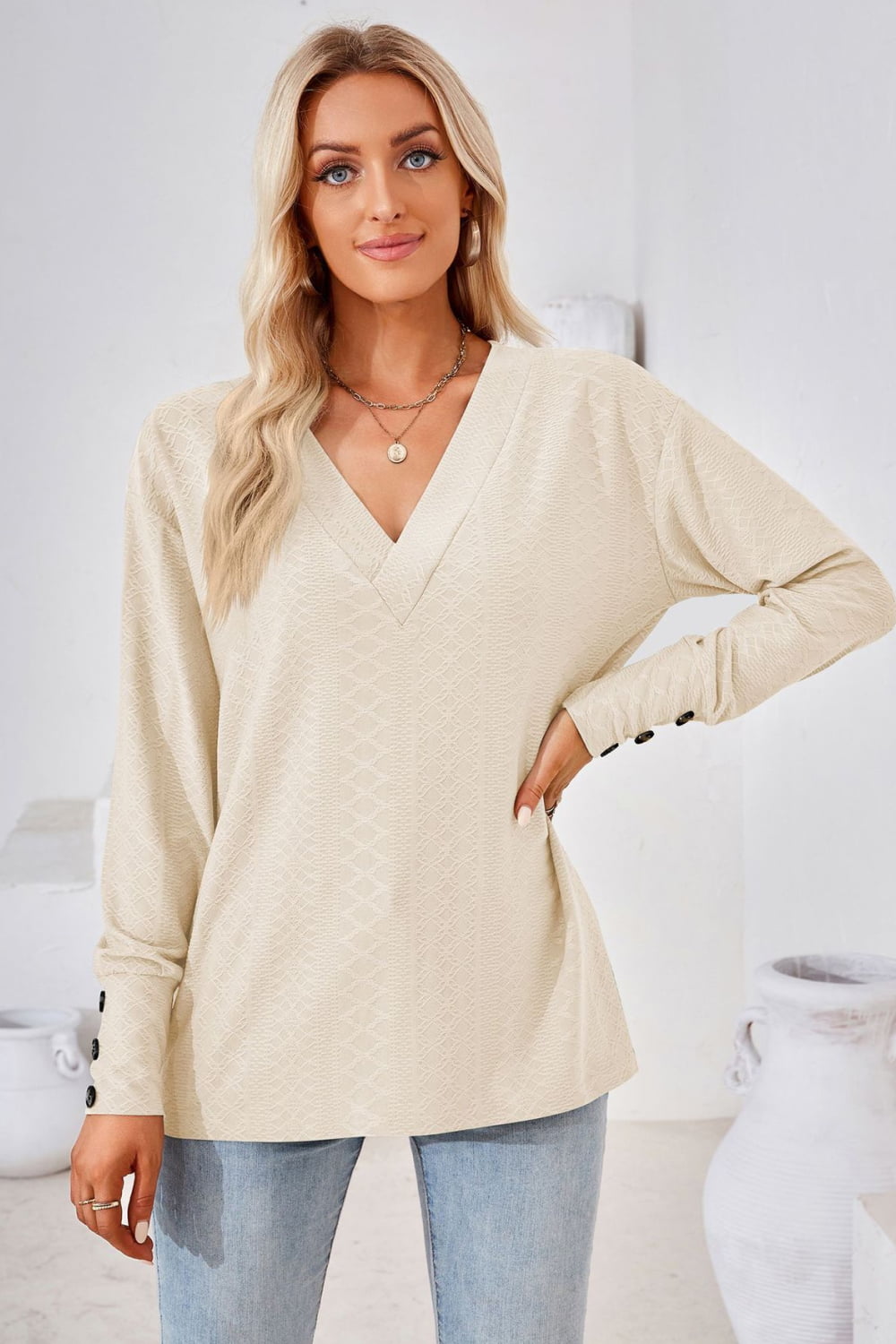 V - Neck Long Sleeve Blouse - Che Cose Belle
