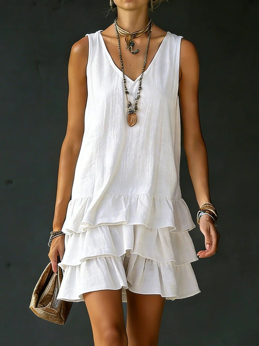 V-Neck Sleeveless Tiered Ruffle Mini Dress - Che Cose Belle