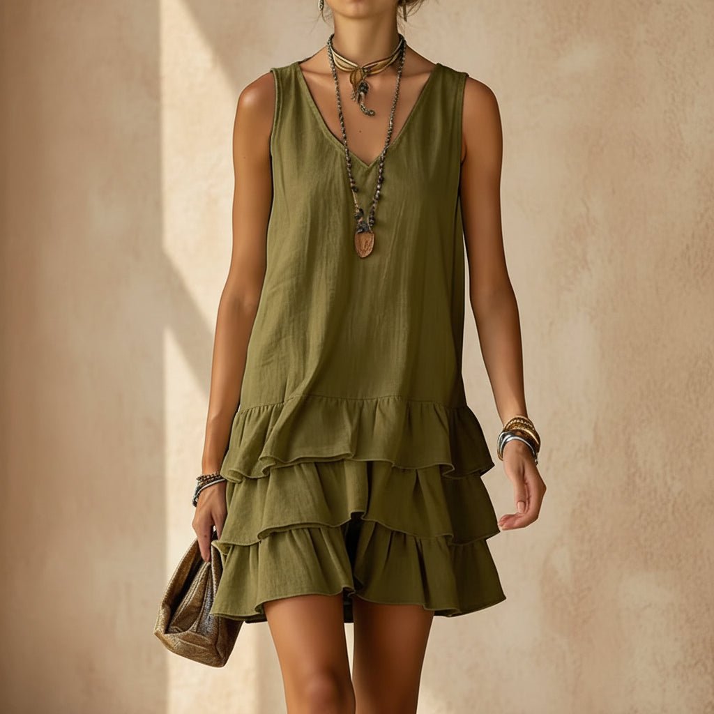 V-Neck Sleeveless Tiered Ruffle Mini Dress - Che Cose Belle