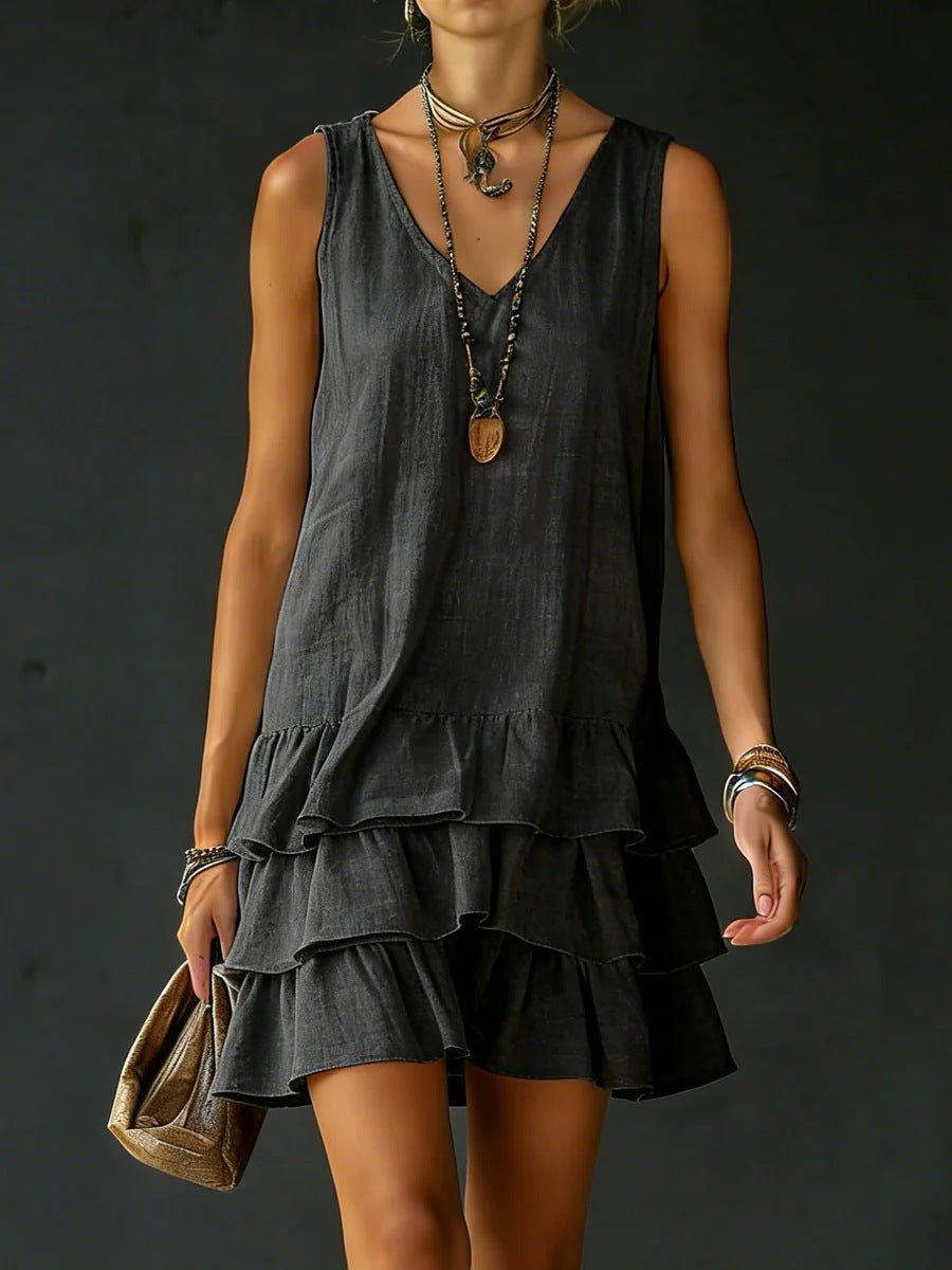 V-Neck Sleeveless Tiered Ruffle Mini Dress - Che Cose Belle