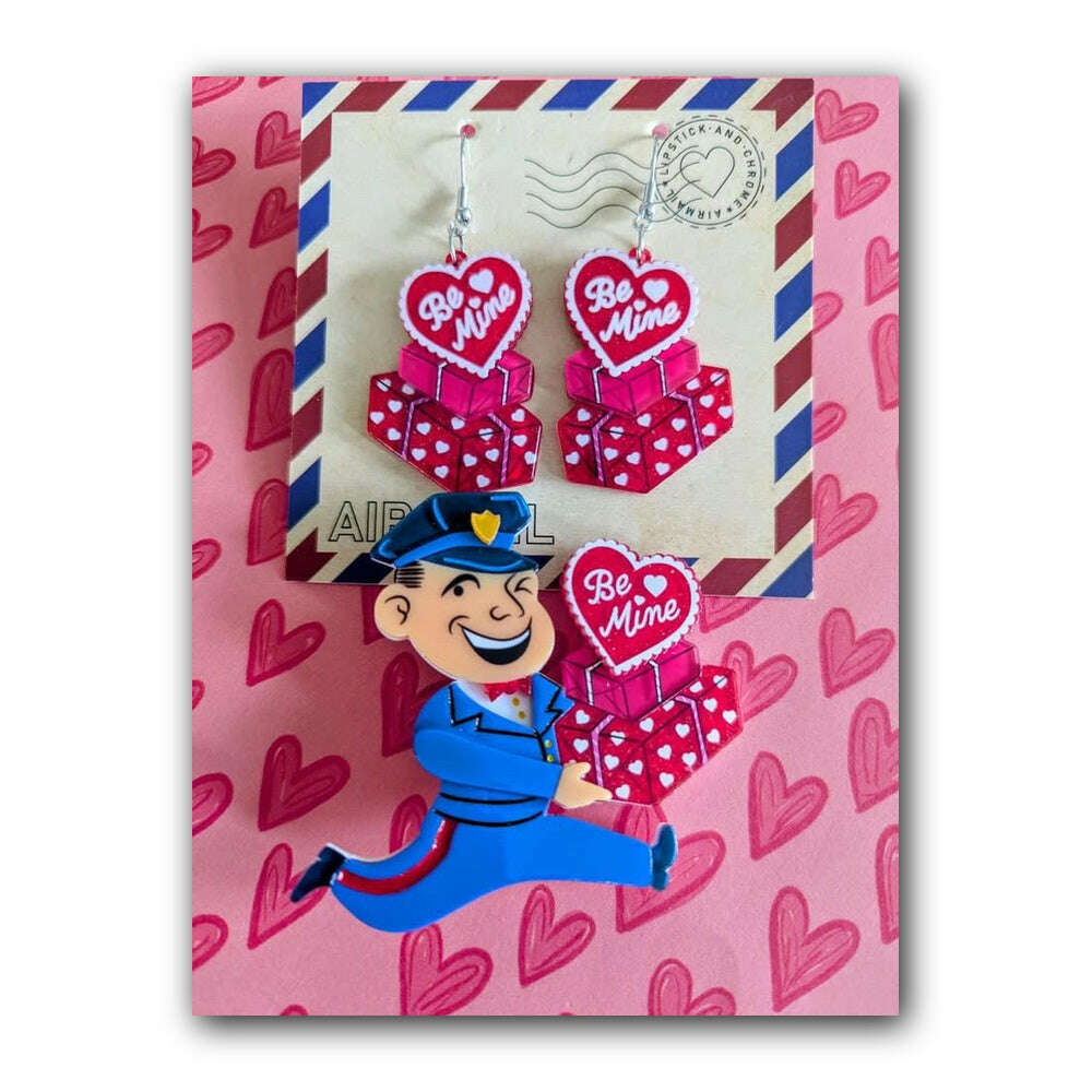 Valentine's Happy Mail Brooch & Earrings Set by 50's Vintage Dame x Lipstick & Chrome - Che Cose Belle