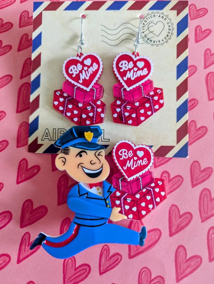 Valentine's Happy Mail Brooch & Earrings Set by 50's Vintage Dame x Lipstick & Chrome - Che Cose Belle