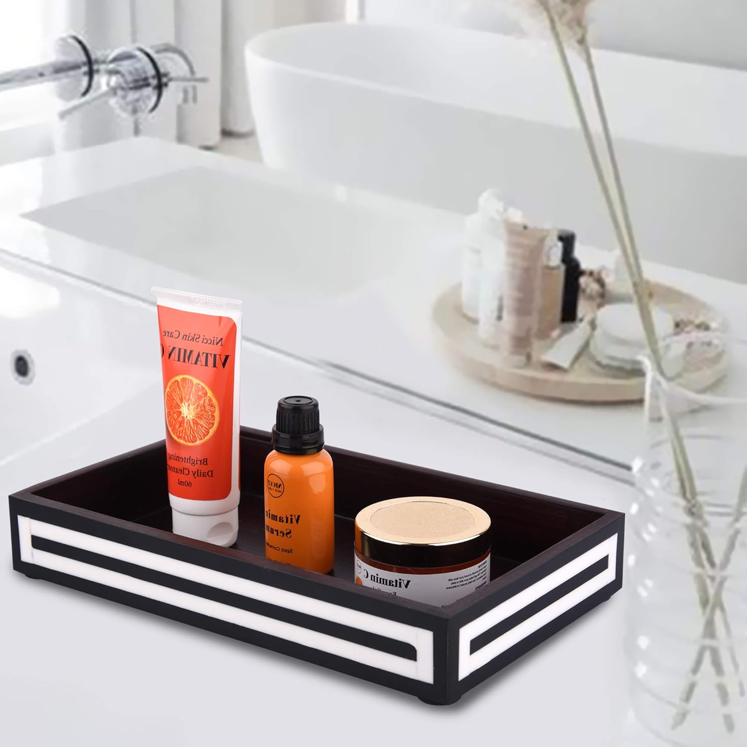 Vanity Tray Parlour Concentric Bone & Resin Inlay, Black & White - 10" x 6" - Che Cose Belle