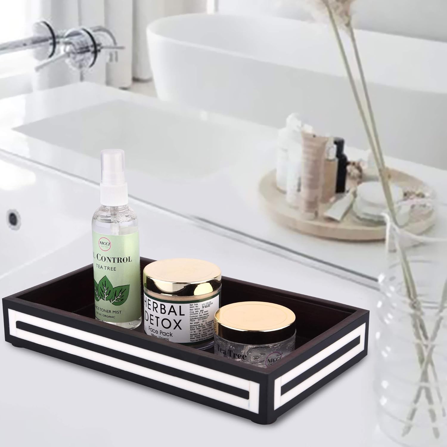 Vanity Tray Parlour Concentric Bone & Resin Inlay, Black & White - 10" x 6" - Che Cose Belle