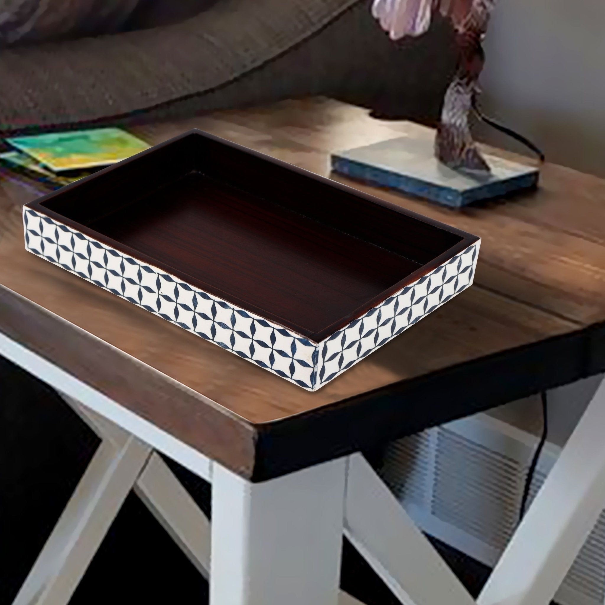 Vanity Trays illusion Wrap Collection Bone & Resin Inlay, Black - White, 10" x 6" - Che Cose Belle