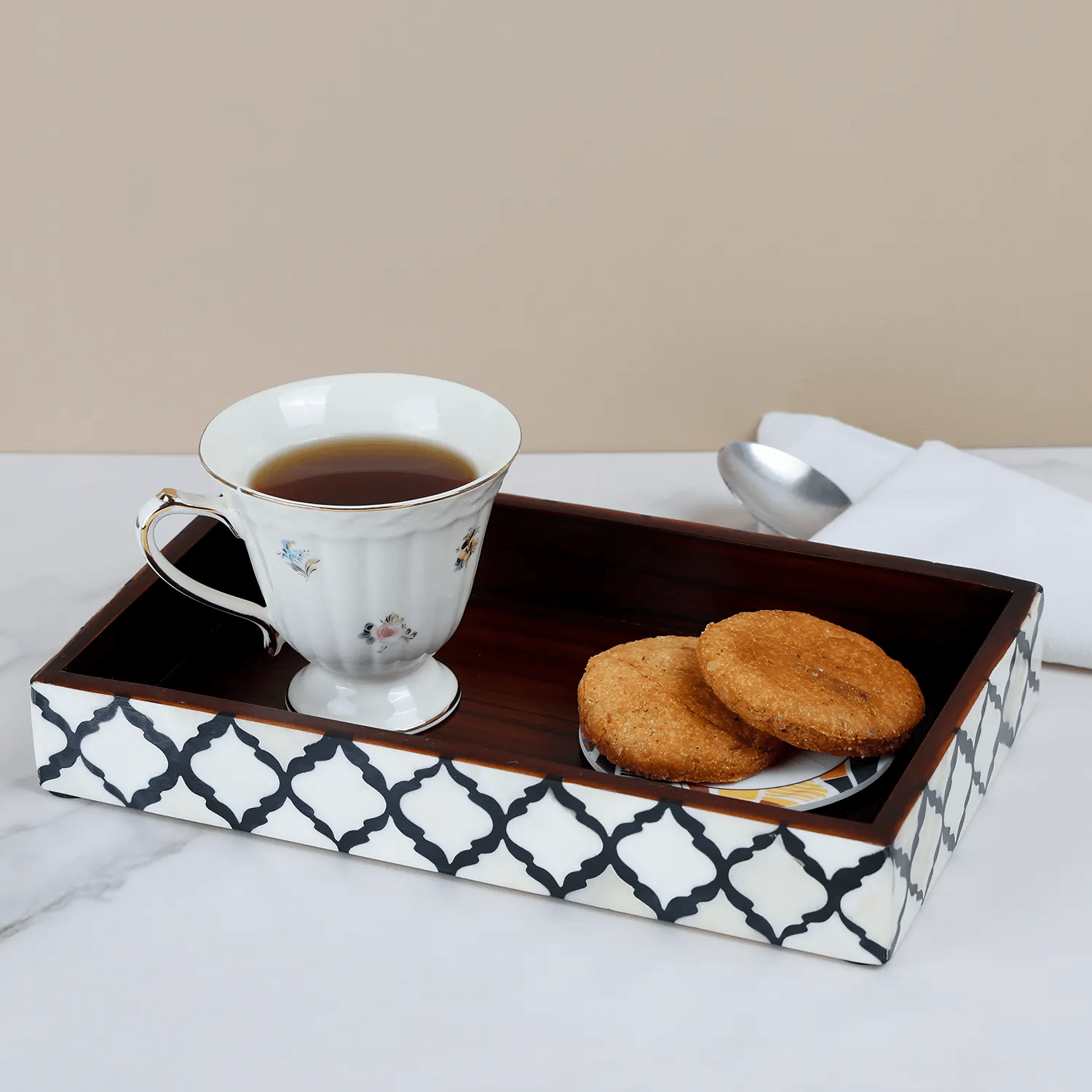 Vanity Trays Moroccan Pattern Bone & Resin inlay, Black & White, 10" x 6" - Che Cose Belle