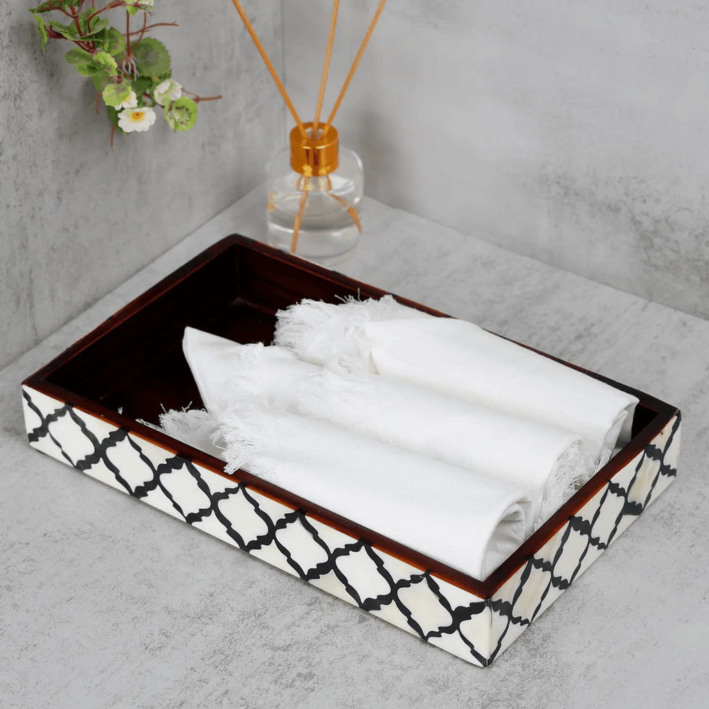 Vanity Trays Moroccan Pattern Bone & Resin inlay, Black & White, 10" x 6" - Che Cose Belle